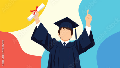 Faceless male student in a graduation cap and gown holding a diploma and pointing up against a colorful background.