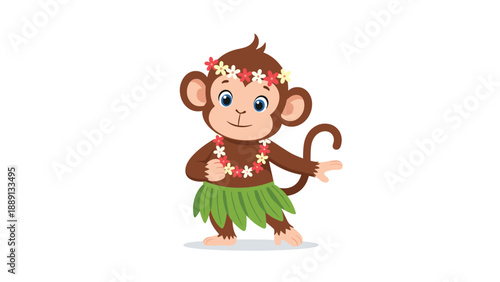 Playful little monkey wearing a floral lei and a green hula skirt dancing happily on a clean white background.