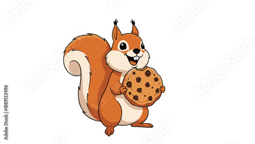 Cheerful cartoon squirrel with a big bushy tail holding a large chocolate chip cookie and smiling on a white background.