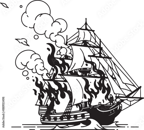 Traditional Black and White Illustration of a Sailing Ship on Fire