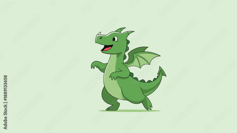 Fototapeta premium Friendly green dragon character standing on its hind legs with small wings and a happy expression on its face.