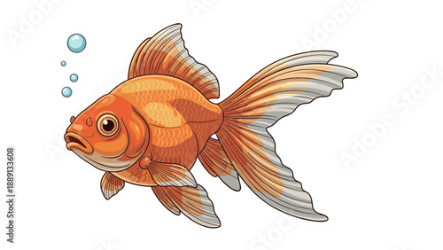 Beautiful orange goldfish with long flowing fins swimming peacefully while blowing bubbles on a white background.