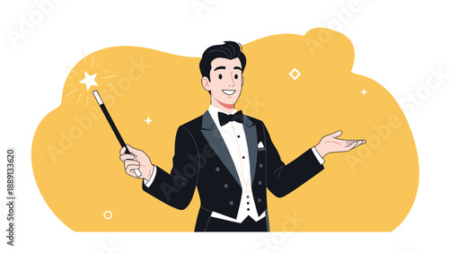 Skillful male magician in a black tuxedo holding a glowing star magic wand against a bright yellow background.