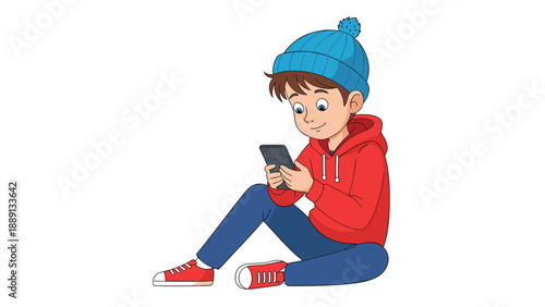 Young boy wearing a red hoodie and blue beanie sitting down and using a smartphone on a clean white background.