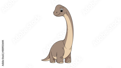 Gentle long-necked brachiosaurus dinosaur character standing with a friendly smile on a plain white background.
