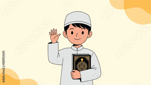 Young Muslim boy in a white kufi and thobe waving his hand while holding a holy Quran on a light background.