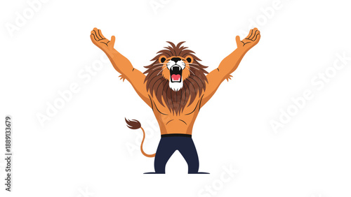Strong muscular lion character wearing pants with its arms raised and mouth open wide in a powerful loud roar.