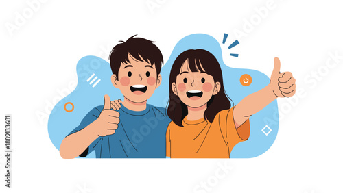 Cheerful young man and woman smiling and giving thumbs up signs against a large blue abstract shape background.