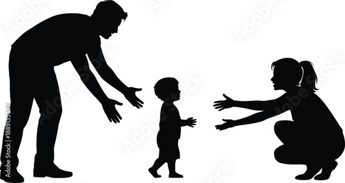 Silhouette of parents encouraging their toddler to walk, symbolizing early childhood development, parenting support, bonding, learning, and nurturing lifestyle themes for educational and design use.