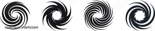 Four abstract black spiral designs, each featuring a dynamic swirl pattern, creating a sense of movement and energy.