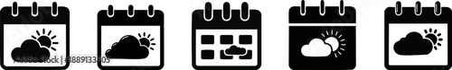 A series of black weather icons depicting varying forecasts, including sun, clouds, and a calendar layout.