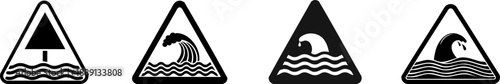 Four triangular warning symbols depicting various water conditions, including waves and hazards, designed for safety awareness.