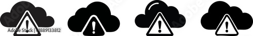 Four warning icons featuring clouds and exclamation marks, indicating alerts or notifications related to weather or system issues.