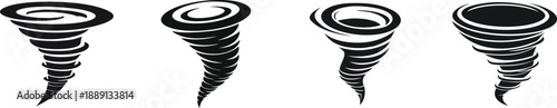 A series of stylized tornadoes depicted in black and white, showcasing different shapes and spirals.