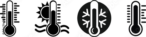 Four thermometers depict temperature variations: warm, hot, cold, and freezing, highlighting different climate conditions.