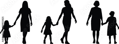 Silhouette of women walking with children holding hands, symbolizing parenting, motherhood, support, relationships, and lifestyle themes for education, social campaigns, design concepts.
