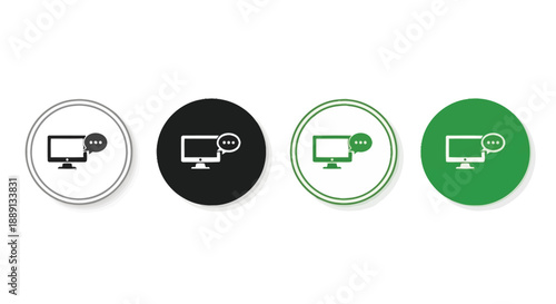 Four variations of a computer monitor icon with speech bubbles are displayed in a row