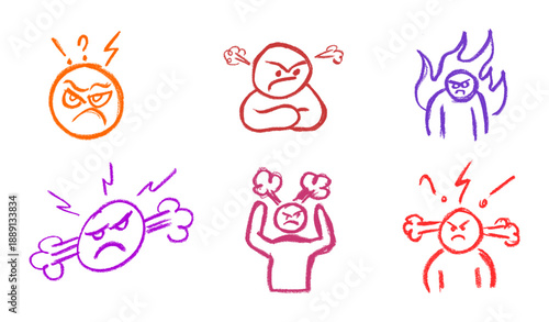 Angry Icons Crayon Chalk Drawing Vector Set	