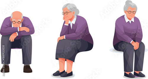 Elderly Man and Woman Sitting in Sad and Thoughtful Poses Flat Vector Illustration