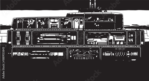 Detailed Black and White Cutaway Illustration of a Submarine's Internal Structure