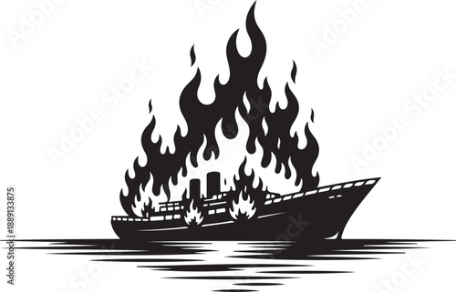 Burning Ship on Water Monochrome Illustration
