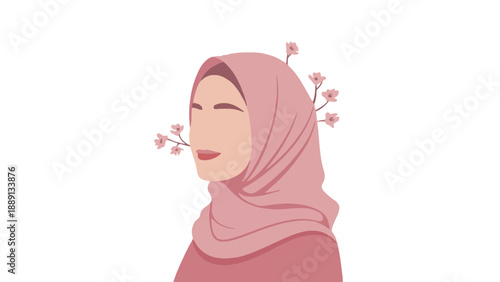 A serene woman wearing a pink hijab with flowers in her hair