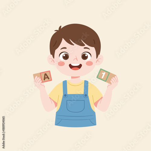 Learning Journey: A charming young boy enthusiastically displays a pair of wooden blocks, each bearing an alphabetic letter and numeral, against a softly colored backdrop.
