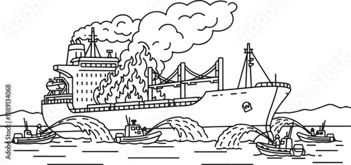 Fireboats Dousing Massive Flames on a Burning Cargo Ship at Sea