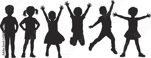 Silhouettes of children standing, playing, and jumping with arms raised, expressing joy, energy, childhood fun, positivity, and active lifestyle for creative, educational, and family-oriented designs.