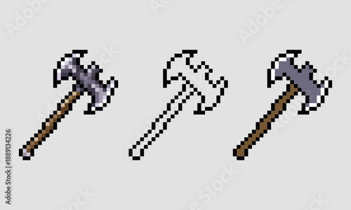 A collection of 2D pixel art battle axes featuring a double-headed design in three styles