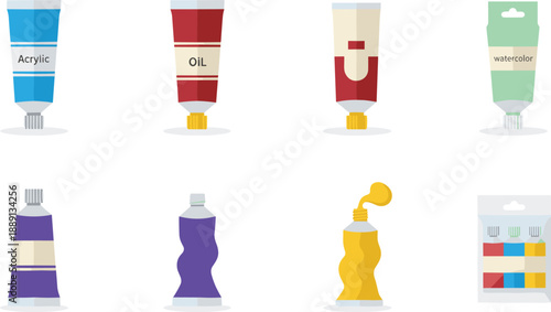 Paint Tube and Art Supplies Collection Featuring Acrylic, Oil, Watercolor, and Gouache in Flat Vector Style