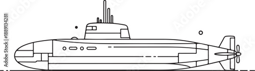 Minimalist Line Art Drawing of a Submarine with Conning Tower and Propeller