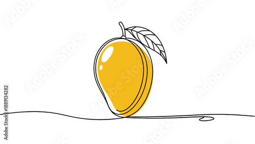 A simple line drawing of a mango with a leaf