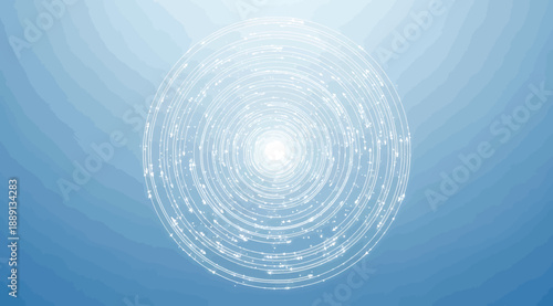 Concentric circular digital design with geometric symbols and circuit-like elements on light blue gradient background, symbolizing data visualization, digital communication, and futuristic technology 