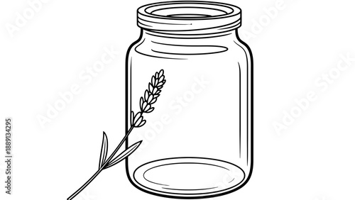 A black and white illustration of an empty mason jar with a sprig of rosemary.