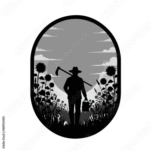 A man walk in field of sunflowers with gardening tools silhouette vector.