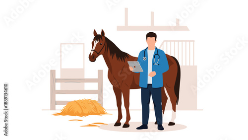 A veterinarian stands with a horse in a stable, holding a tablet, highlighting veterinary care, animal health, and modern diagnostic tools in agriculture.