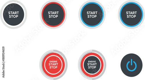 Start Stop Engine Button Icon Set Featuring Push Button and Power Symbols in Flat Vector Style