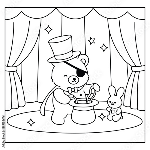 Cute Bear Magician Performing Magic Trick on Stage – Kawaii Line Art Coloring Page Illustration