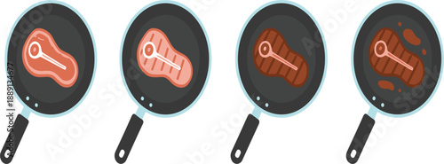 Steak Cooking Stages in Frying Pan Illustration Set Showing Rare to Well Done in Flat Vector Style