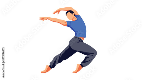 A male dancer in mid-motion, with arms extended and body in a dynamic pose, expressing the fluidity and athleticism of contemporary dance.
