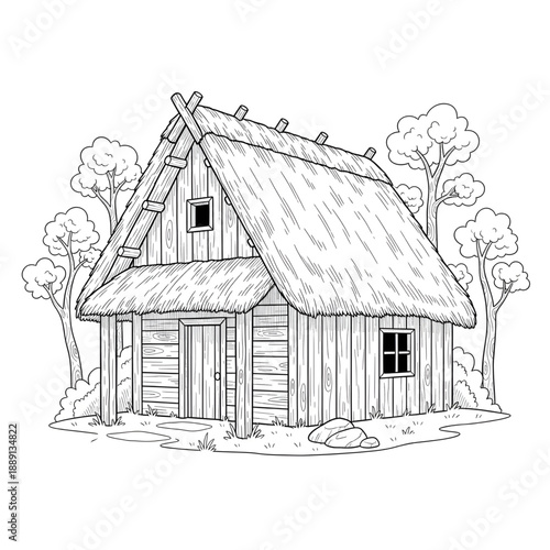 Rustic Wooden Hut with Thatched Roof in Forest - Detailed Coloring Page for Kids and Adults