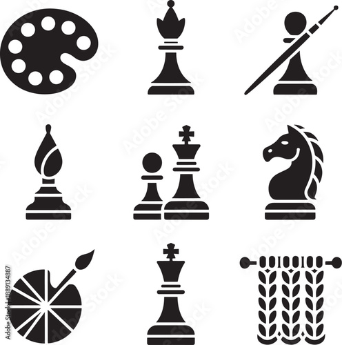Set of minimalist chess and art icons featuring king queen bishop knight and pawn pieces with painter palette and brush symbols for creative design.