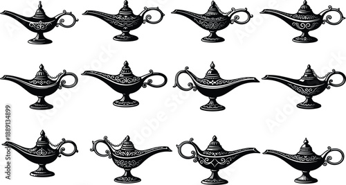Black and white magic oil lamp silhouette set with arabian genie lamps for fantasy story background cad drawing flat illustration