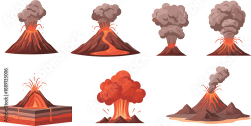 Volcano Eruption Illustration Set Featuring Exploding, Smoking, and Lava Flowing Volcanoes in Flat Vector Style