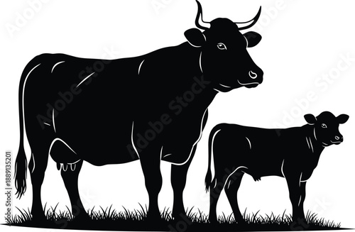 Black and white vector silhouette of a cow and calf standing in grass, farm animal family illustration