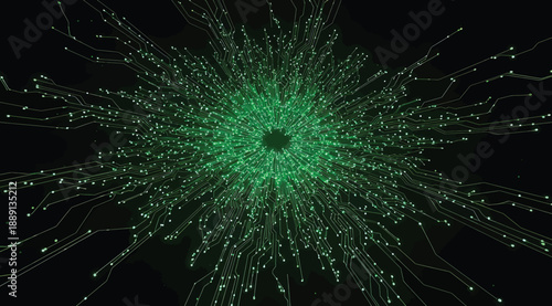 Radial network visualization with green nodes and connecting lines on dark background, symbolizing neural networks, data relationships, and interconnected systems in computer science and digital analy
