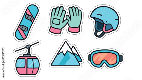 A colorful illustration of various skiing and snowboarding accessories and symbols