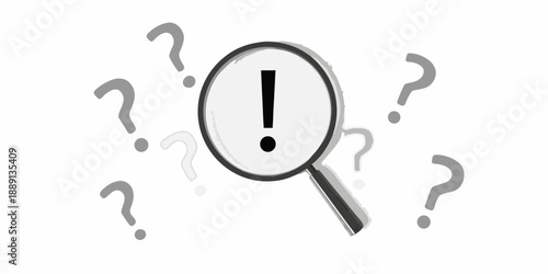 A magnifying glass focuses on an exclamation point surrounded by question marks