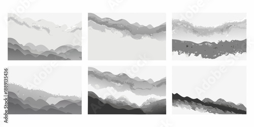 Six grayscale abstract landscapes in a grid arrangement